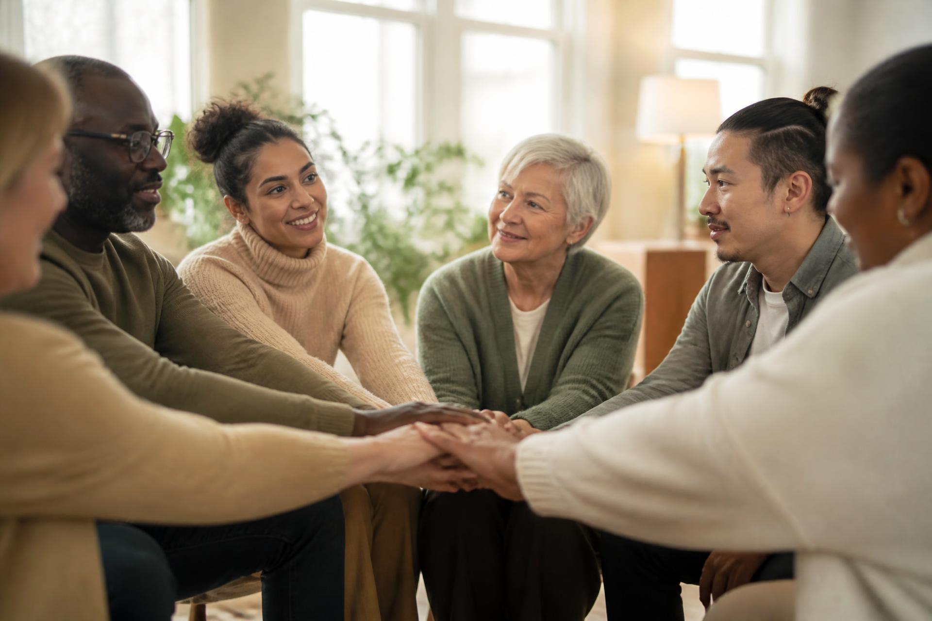 A diverse group of adults, families, and veterans gathered together in a bright, welcoming community setting.